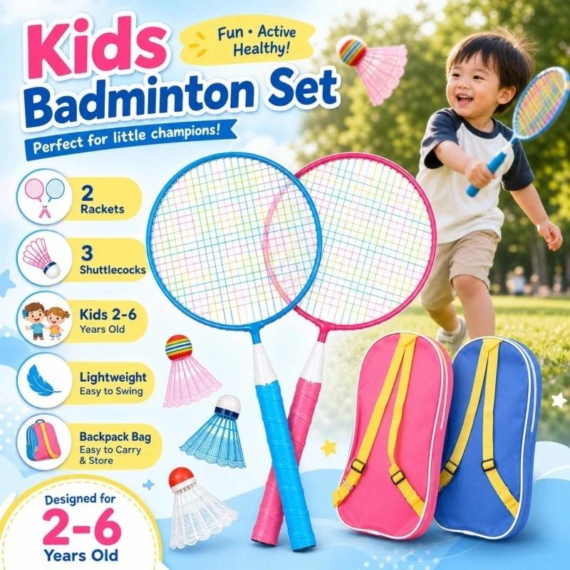 Badminton League - 2 個子供用バドミントンラケット 3 シャトルコック付き子供用スタータースポーツセットポータブルおもちゃ親子レジャーゲーム日常使用