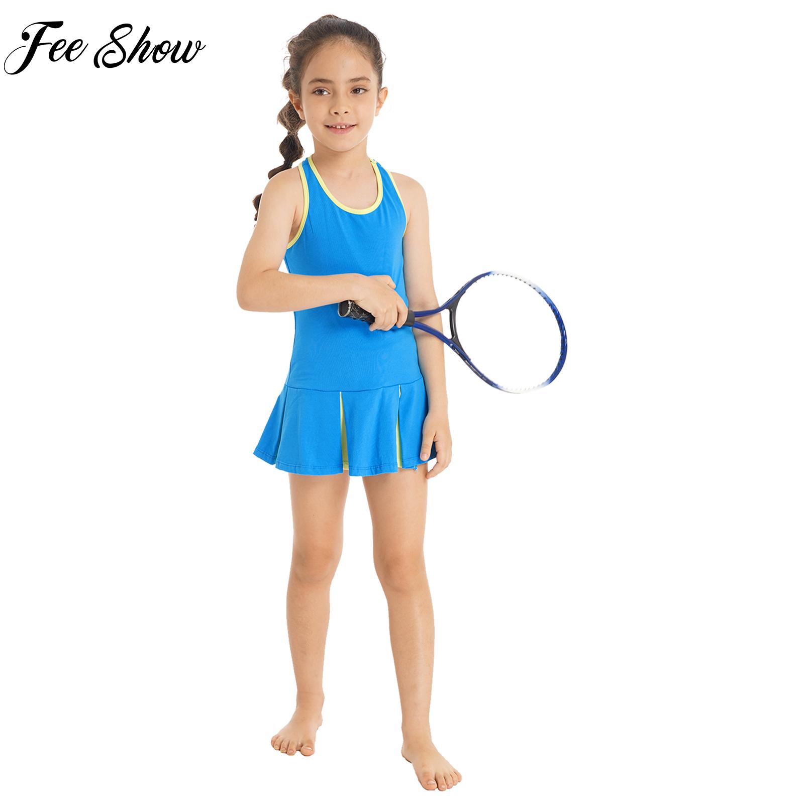 Badminton Question - 子供用ノースリーブオープンアッパーバックスポーツセット、テニスとバドミントンスポーツウェア、ジムエクササイズ用ショートドレス、女の子用ランニングドレス、2個