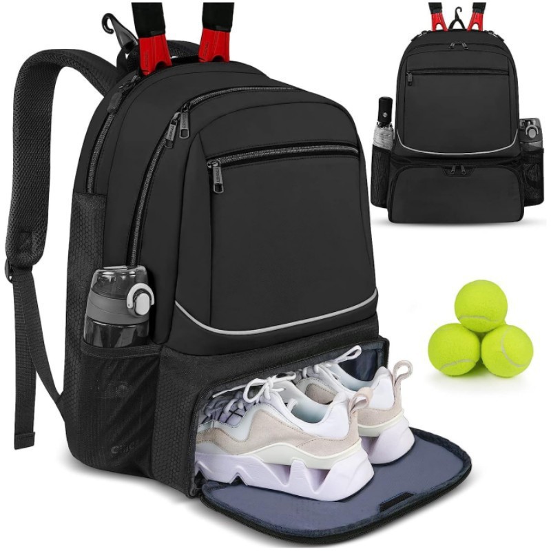 Badminton Question - 大容量テニスバックパックスポーツラケットパックは1〜2本のテニスラケットを収納可能アウトドアバドミントンバッグシューズポケット付きブラックピンク